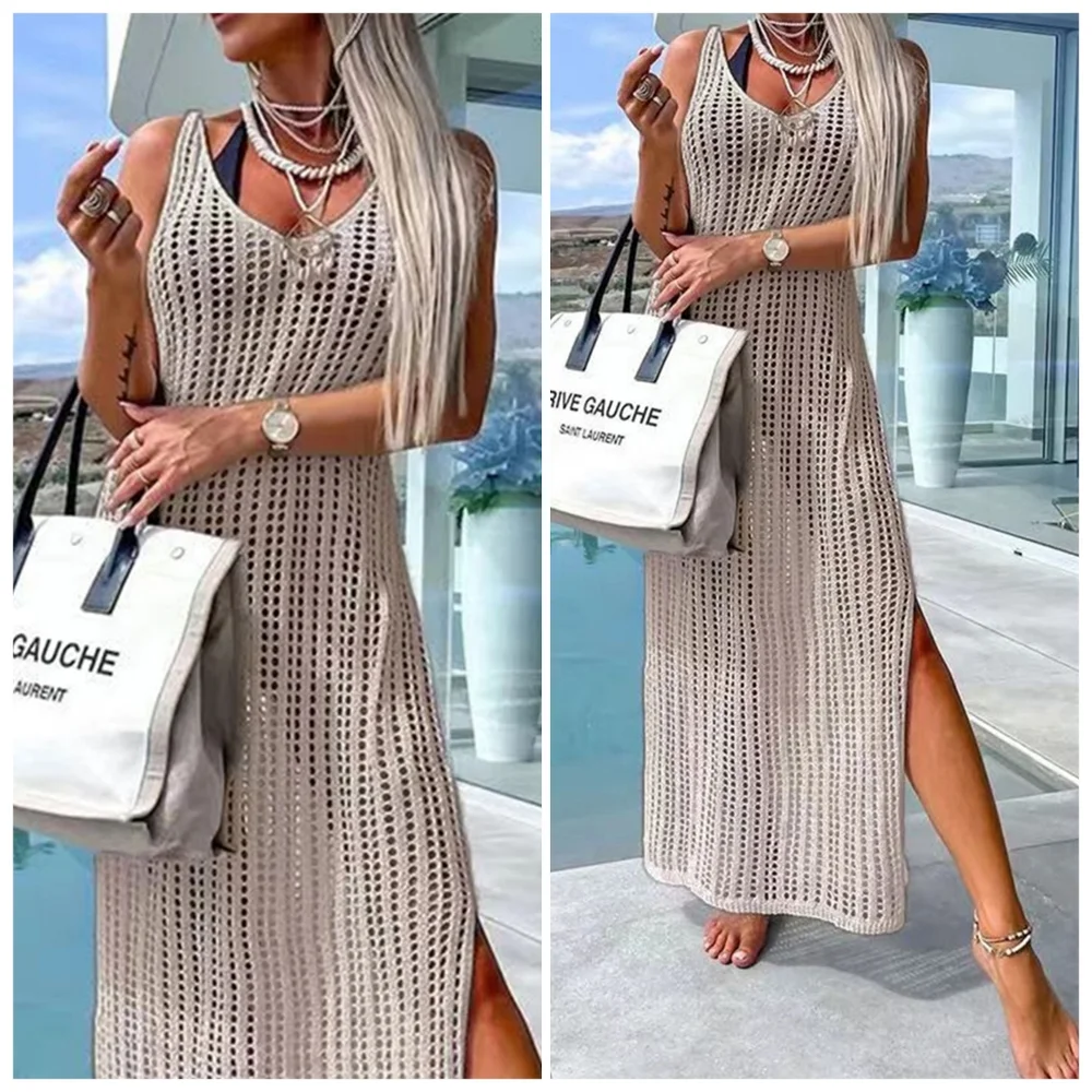 White Openwork Slit Cutout Wide Strap Dress - Picture 11 of 15